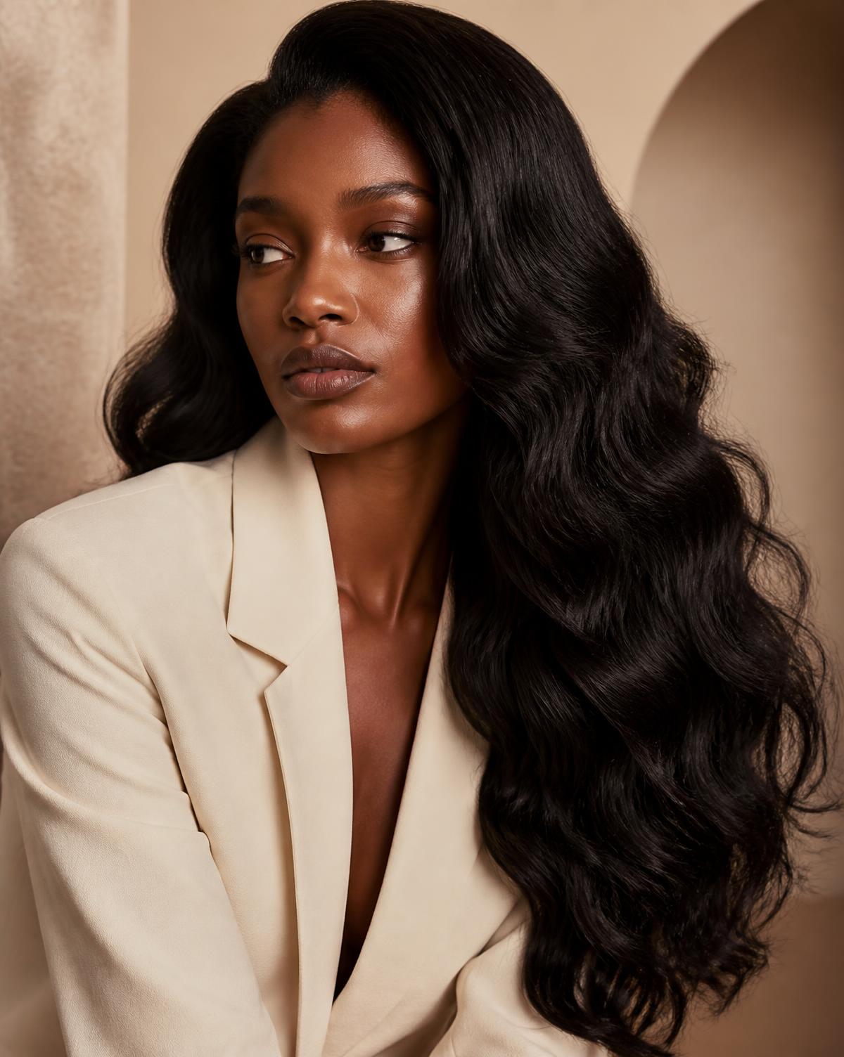 Editorial portrait of a woman wearing long, glossy premium body wave hair